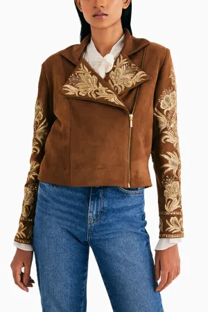 Brown Suede Embroidered Biker Jacket
