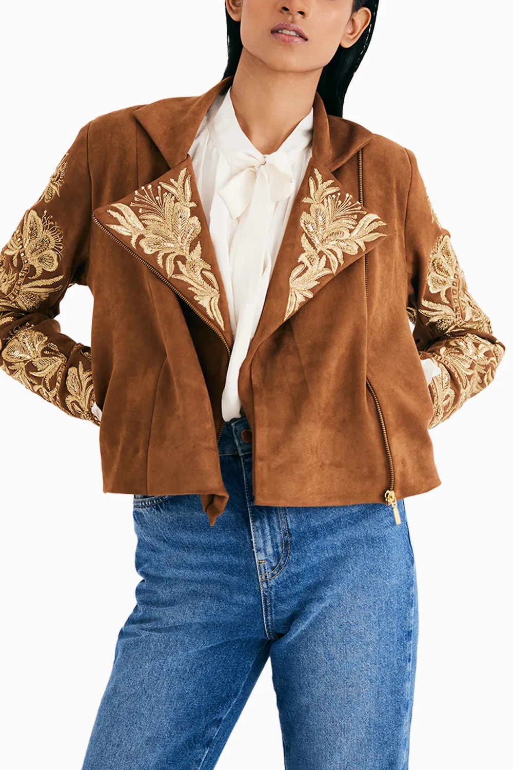 Brown Suede Embroidered Biker Jacket
