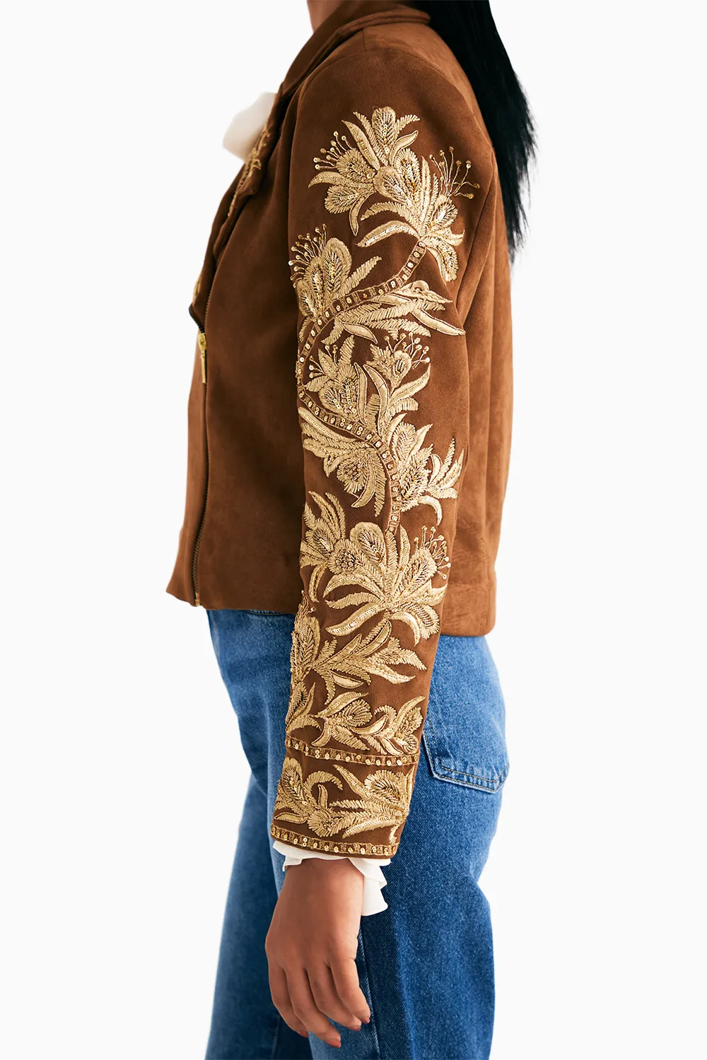 Brown Suede Embroidered Biker Jacket