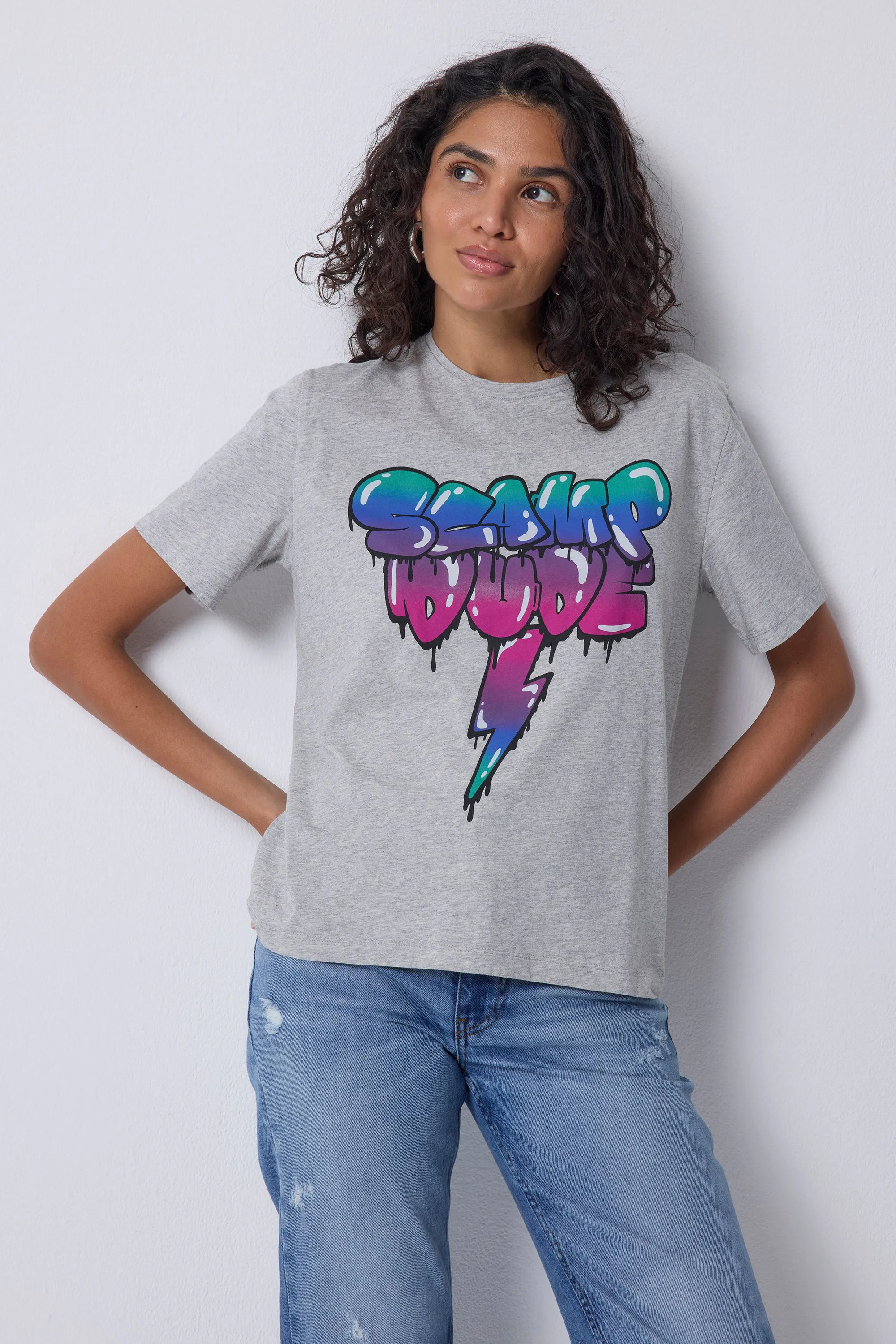 Grey Marl Bubble Graffiti Slogan T-Shirt