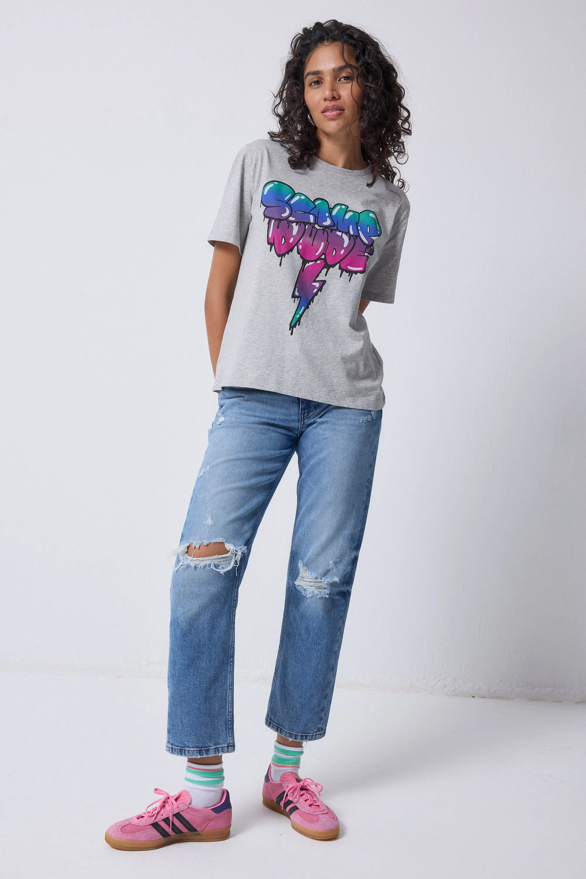 Grey Marl Bubble Graffiti Slogan T-Shirt