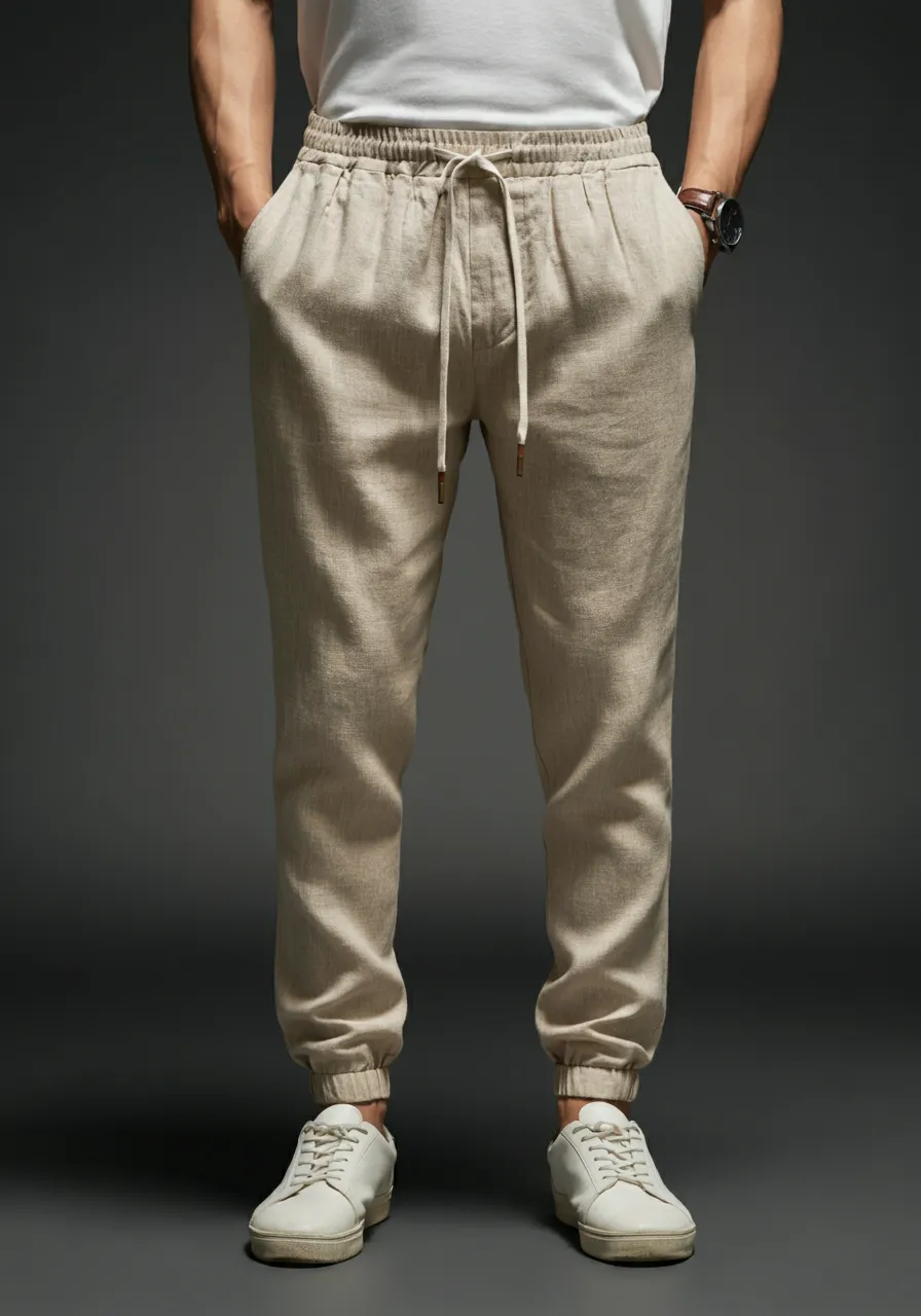 JUNO Men's Linen Jogger Pants, Full Elastic Waist