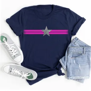 Ladies Neon Pink Stripes and Glitter Star T Shirt