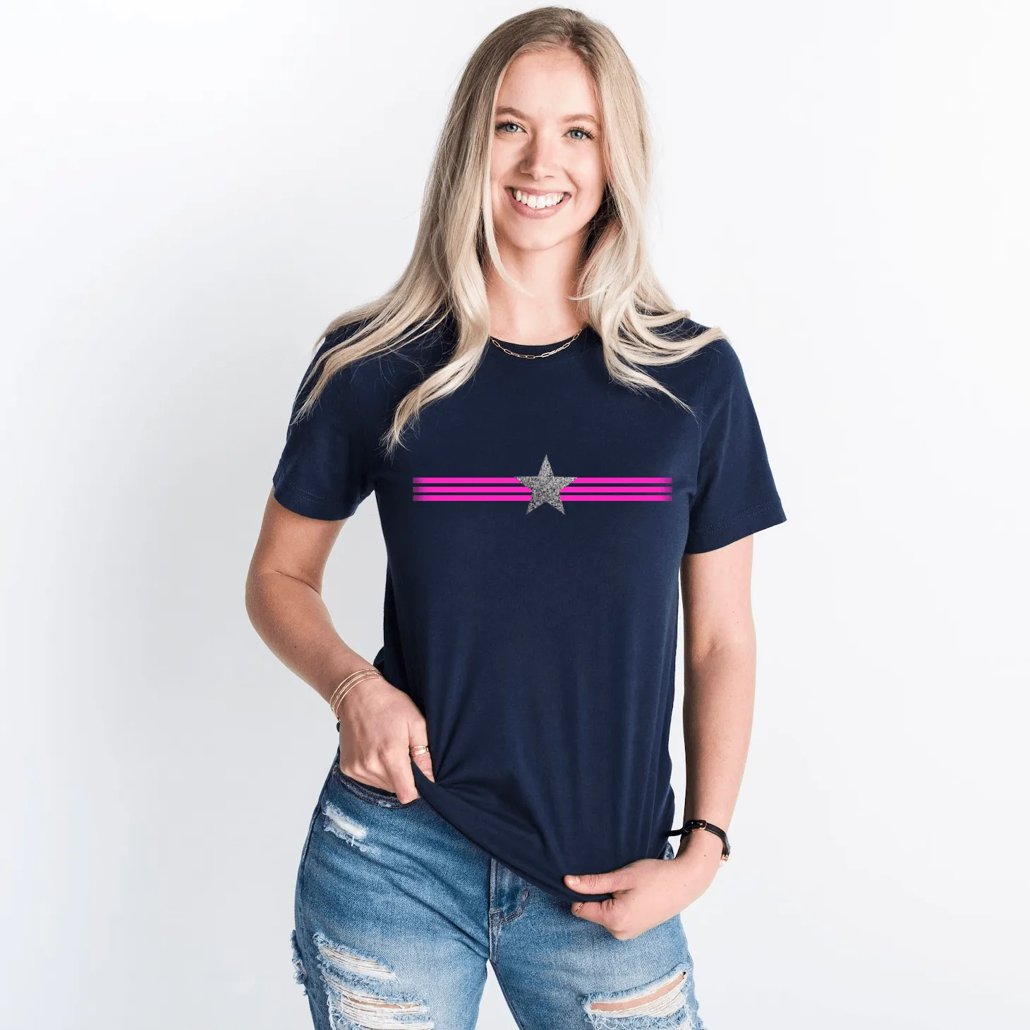 Ladies Neon Pink Stripes and Glitter Star T Shirt