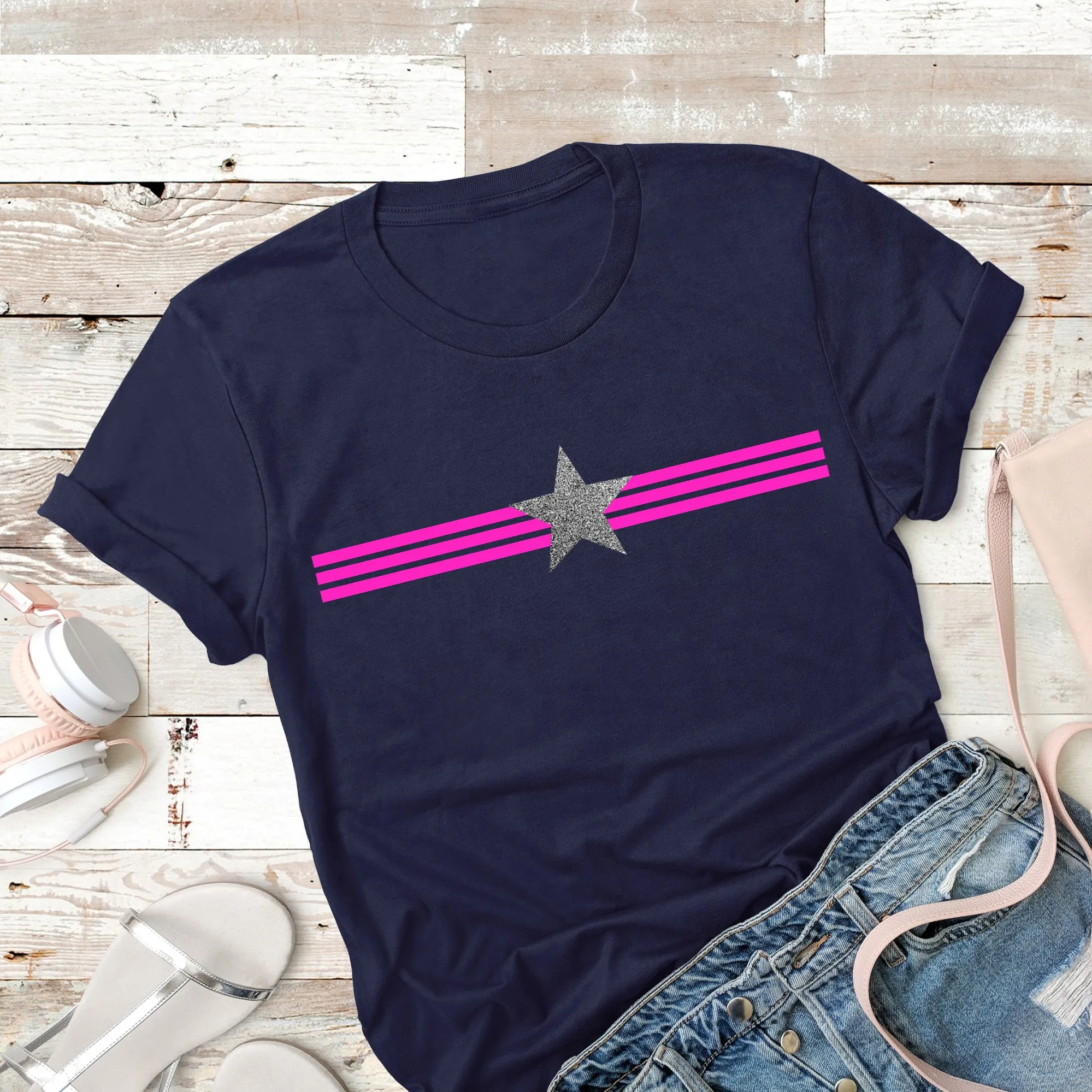 Ladies Neon Pink Stripes and Glitter Star T Shirt