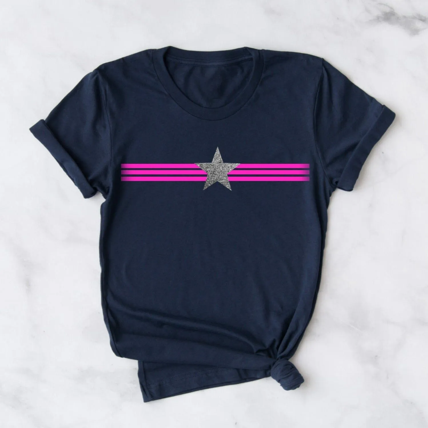 Ladies Neon Pink Stripes and Glitter Star T Shirt