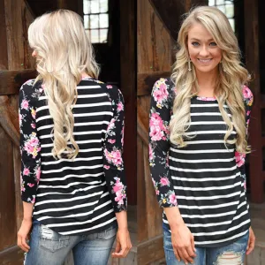Patchwork Scoop Stripe Flower Print 3/4 Sleeves Regular T-shirt