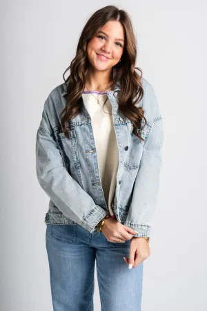 Pleated denim jacket light blue