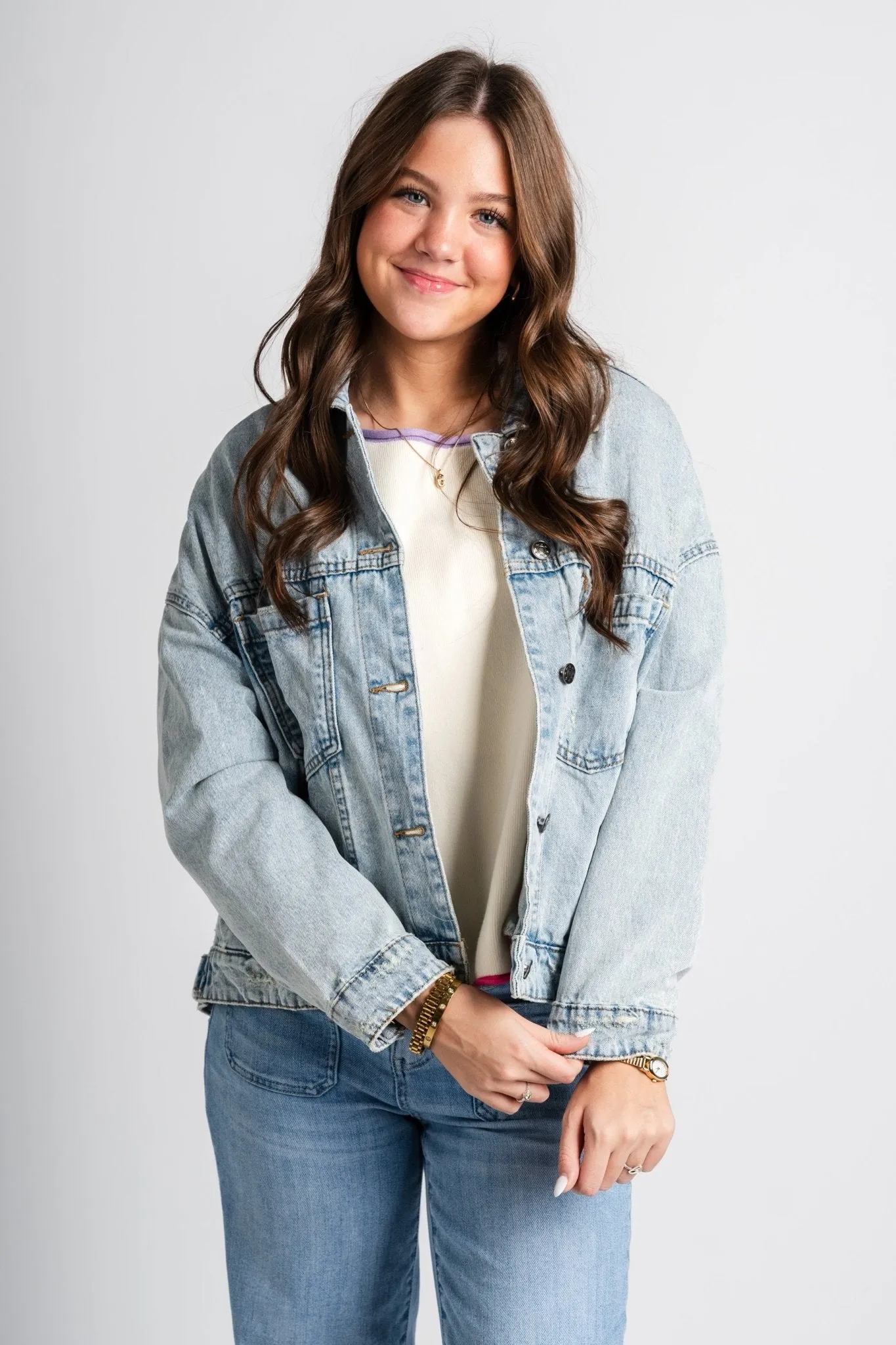 Pleated denim jacket light blue