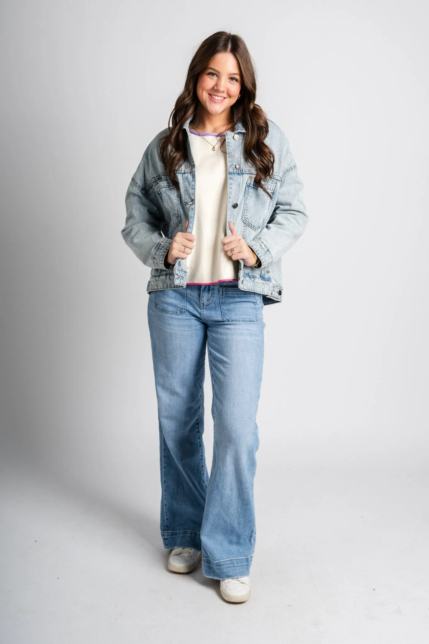 Pleated denim jacket light blue