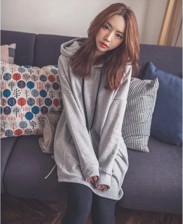 Pure Color Drawstring Pocket Long Loose Hoodie
