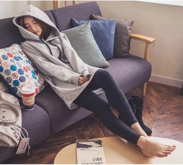 Pure Color Drawstring Pocket Long Loose Hoodie