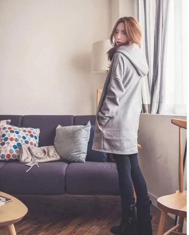 Pure Color Drawstring Pocket Long Loose Hoodie