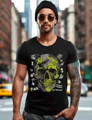 Rhinestones T Shirt Skull Black Neon Yellow Exclusive | Grooveman Music TM