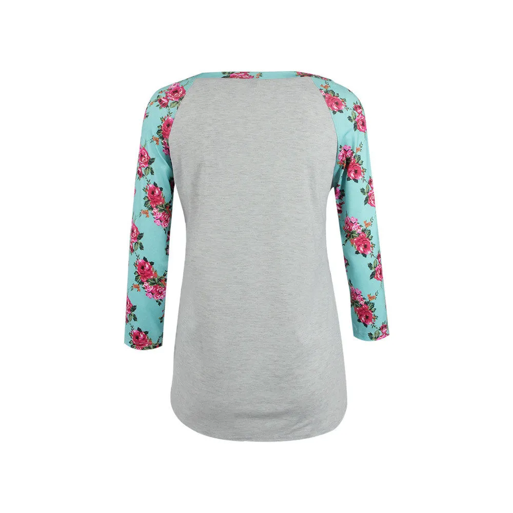 Scoop Patchwork 3/4 Sleeves Regular T-shirt