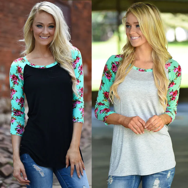 Scoop Patchwork 3/4 Sleeves Regular T-shirt