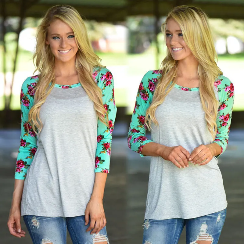 Scoop Patchwork 3/4 Sleeves Regular T-shirt