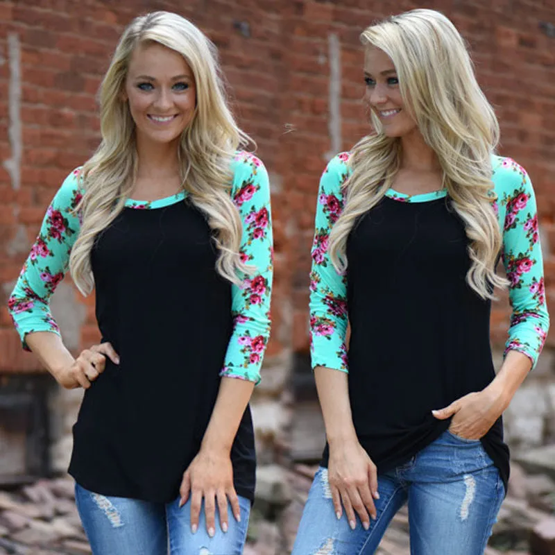 Scoop Patchwork 3/4 Sleeves Regular T-shirt