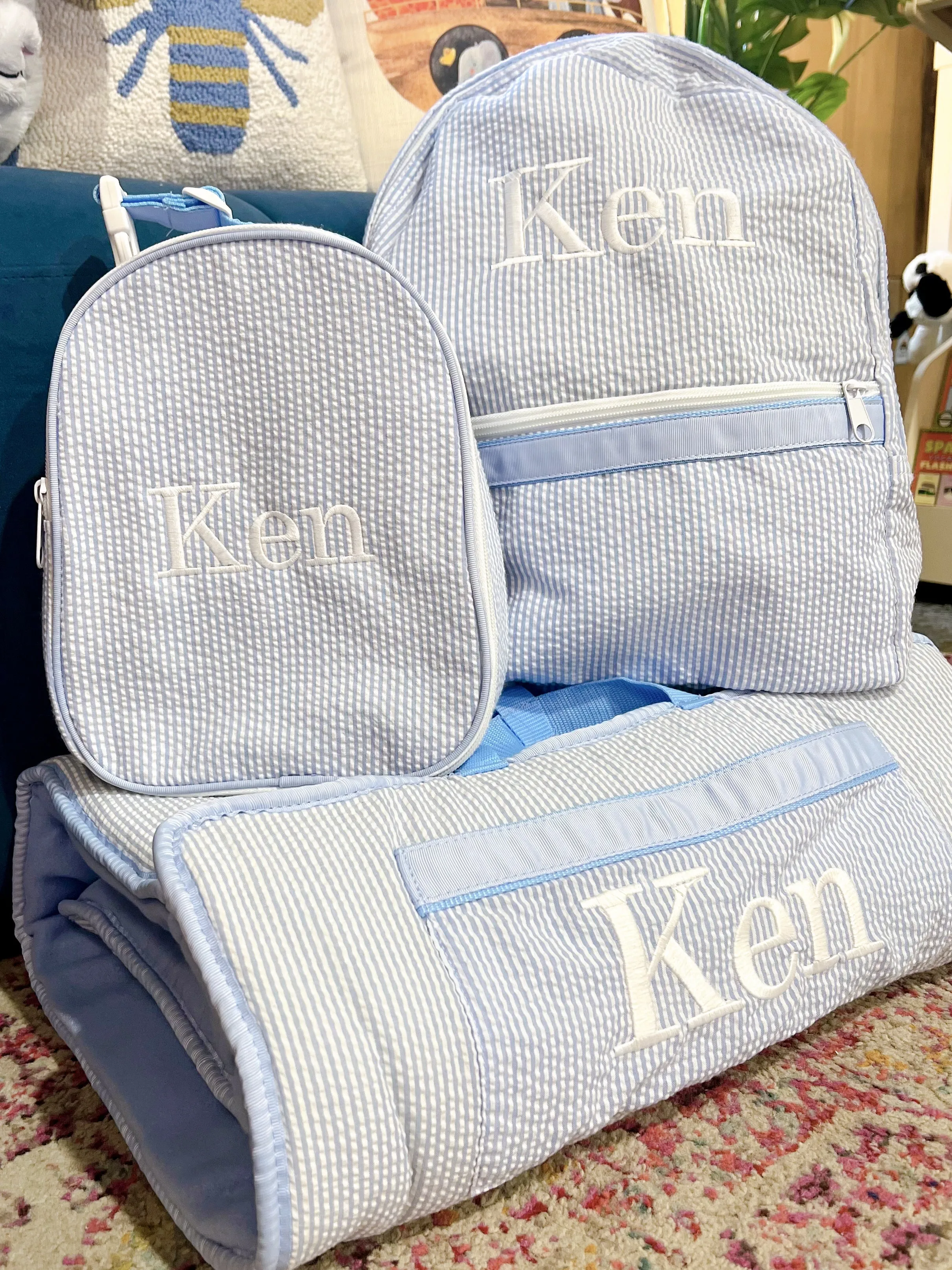Seersucker Backpack - Baby Blue
