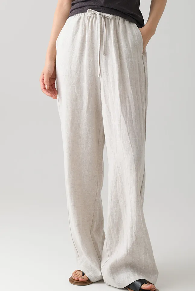 Women's Nature Linen Pants, Drawstring Pocket Straight Wide-Leg Pants, Suitable For Daily Commuting Holiday Wear