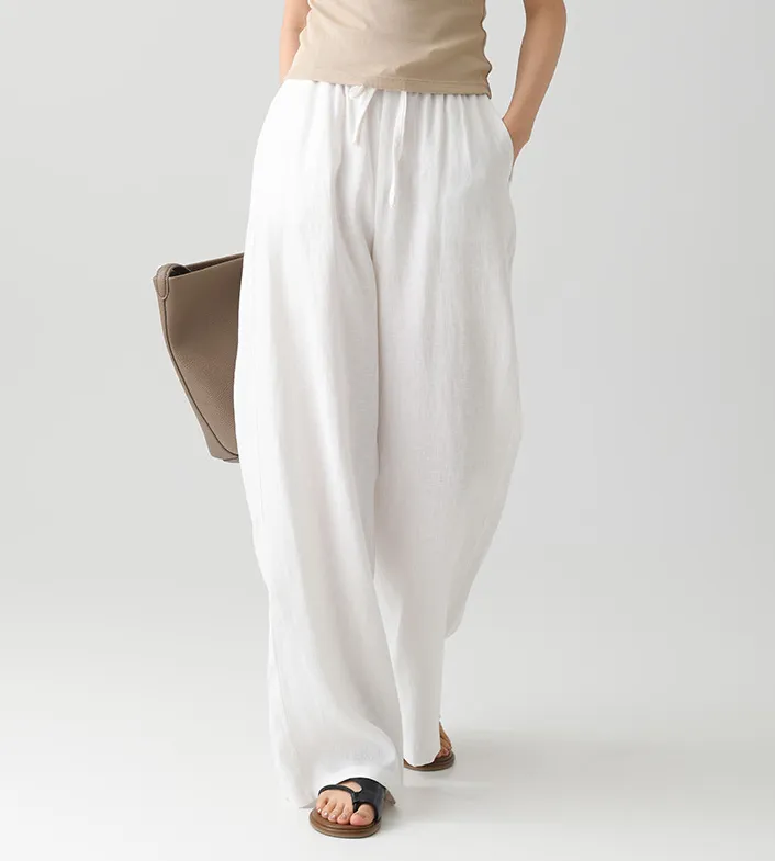 Women's Nature Linen Pants, Drawstring Pocket Straight Wide-Leg Pants, Suitable For Daily Commuting Holiday Wear