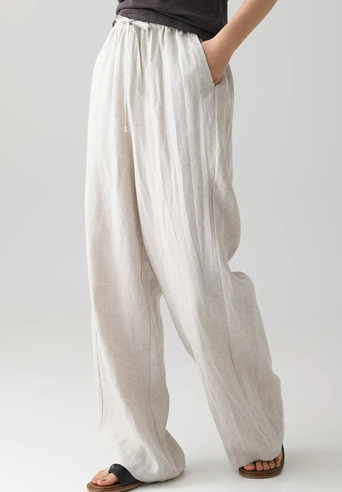 Women's Nature Linen Pants, Drawstring Pocket Straight Wide-Leg Pants, Suitable For Daily Commuting Holiday Wear