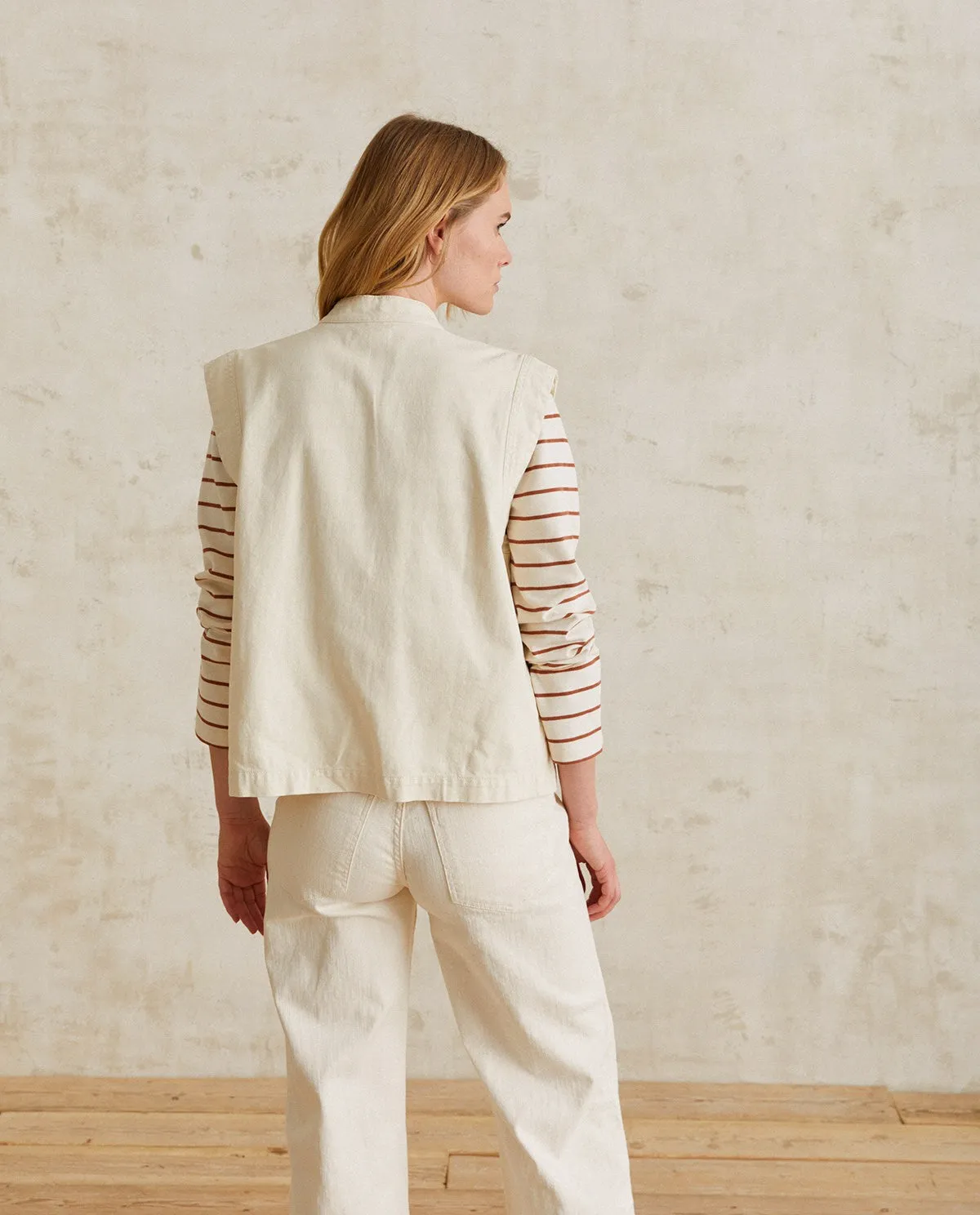 Yerse Waistcoat with self fabric rouleaux fastening Ecru